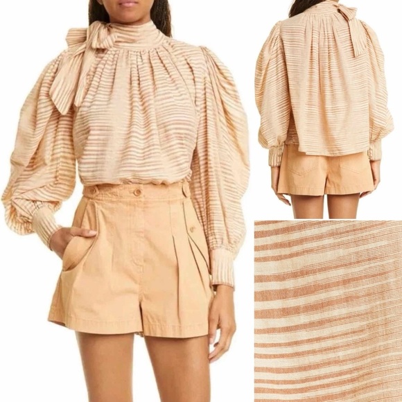 Ulla Johnson Womens Gauzy Ikat Fawn Striped Draped Neck Tie Puff Sleeve Blouse - Picture 1 of 8